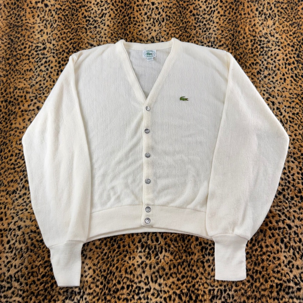Vintage 1970s Izod Lacoste Cardigan Sweater Cream White Orlon Acrylic Large USA